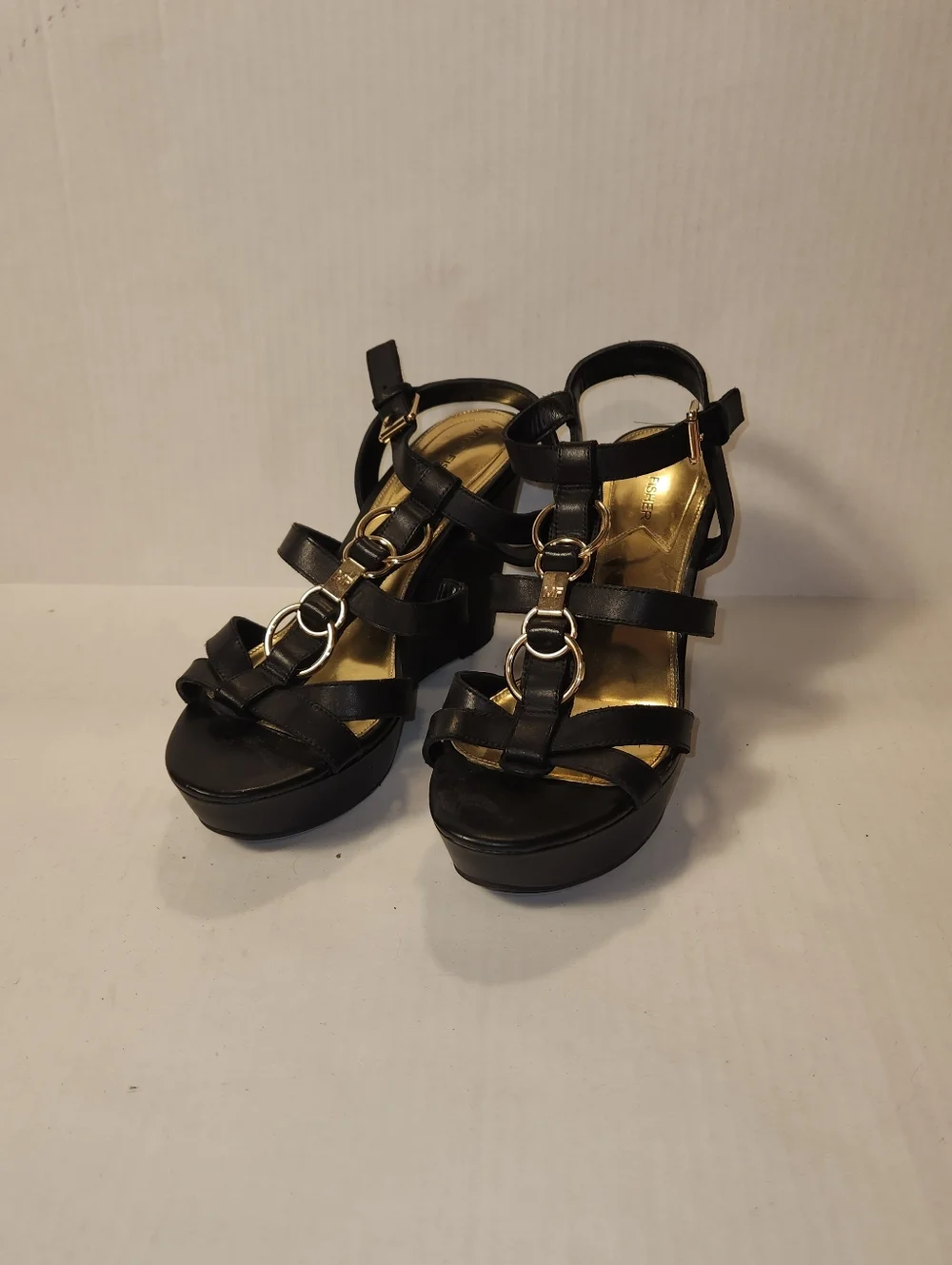 Marc Fisher Genny Black Leather Strappy Platform Wedge Sandals Sandals 8 EUC